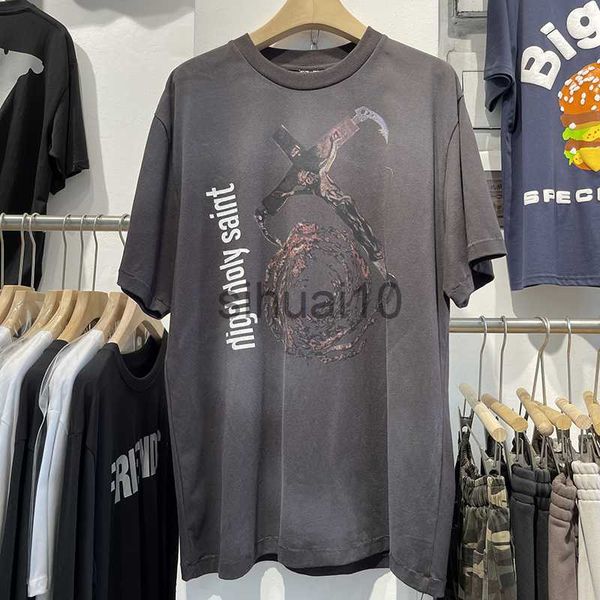 Erkek Tişörtler Saint Michael Vintage Tee Serisi Erkekler Giyim Retro Yıkanmış Mektup Baskı Erkekler Kadınlar 1 1 Büyük Boy Tişört Harajuku Yaz Moda J230731