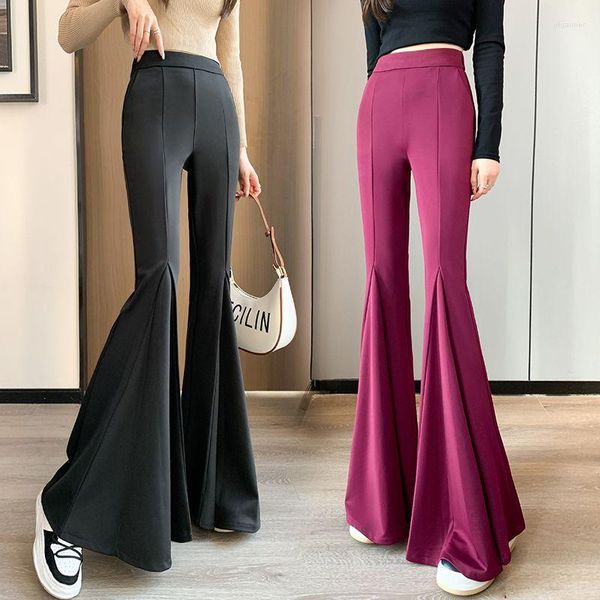 Женские брюки 2023 Высох дизайна Koren Fashion Ladies Rufffle Edge Bell-Bottoms Женщины шикарные высокие талию сплошные брюки A76