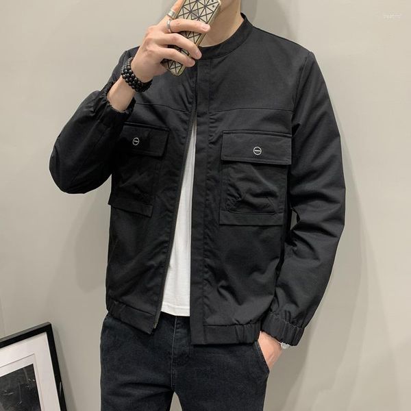 Männer Jacken Koreanischen Stil Bomber Schwarz Khaki Reißverschluss Doppelte Brusttaschen Mode Slim Fit Hübsche Oberbekleidung Mantel Veste Männlich