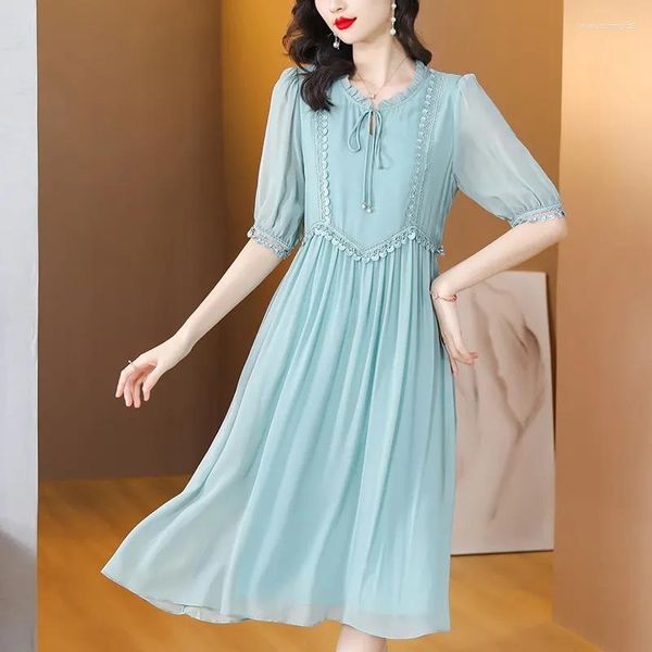 Vestidos casuais autênticos Hangzhou Silk Mulberry Dress para mulheres 2023 jovem mãe verão elegante saia de comprimento médio