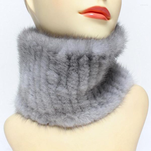 Cachecóis Cachecol de Pele Real Inverno Feminino Quente Natural Mink Capa de Pescoço Tricotada à Mão Faixa de Cabeça Alta Elástica Anel Silenciador