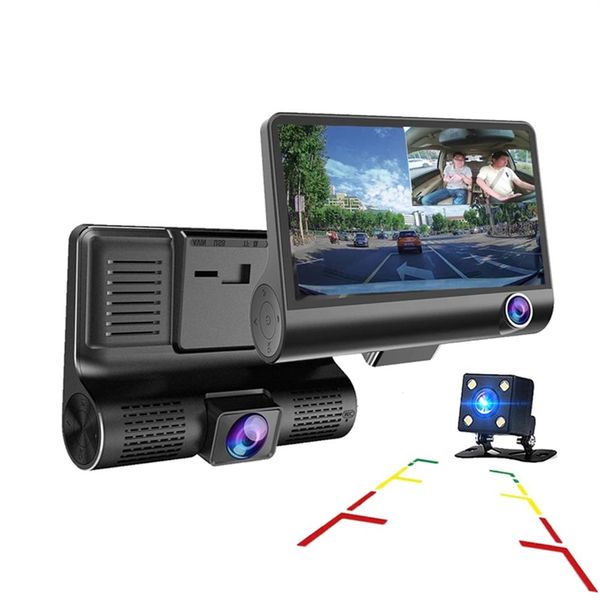 3-Kanal-Auto-DVR, Fahrvideorecorder, Dash-Kamera, 4 Bildschirme, FHD 1080P, vorne 170°, hinten 140°, innen 120°, G-Sensor, Parkmonitor265u