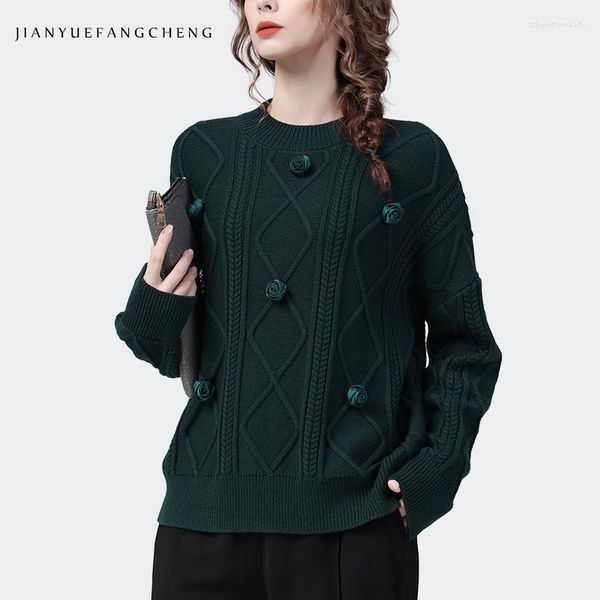 Damenpullover Damen Dunkelgrüne Rosendekoration Langarm-Strickpullover Locker sitzender O-Ausschnitt Herbst-Winter-Outwear Weibliche Pullover