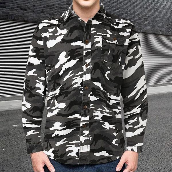 Camisas casuais masculinas camuflagem militar para homens botão bolso casaco tops gola virada para baixo manga comprida streetwear camiseta roupas masculinas