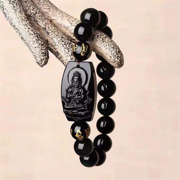 Strand Fooderwerk Jewelry 12MM Ossidiana nera naturale di alta qualità Buddha scolpito Amuleto fortunato Bracciale con perline rotonde per donna Uomo