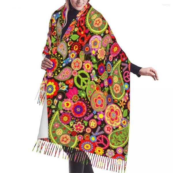 Cachecóis outono inverno quente hippie flores coloridas moda xale borla envoltório pescoço bandana hijabs estola