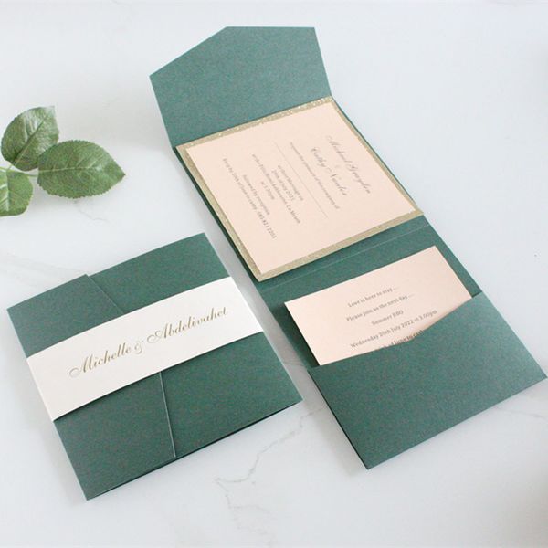 Biglietti d'auguri verde scuro e rosa cipria dettagliato Pocket Fold invito matrimonio compleanno con stampa personalizzata RSVP 250G carta 50 pezzi 230731