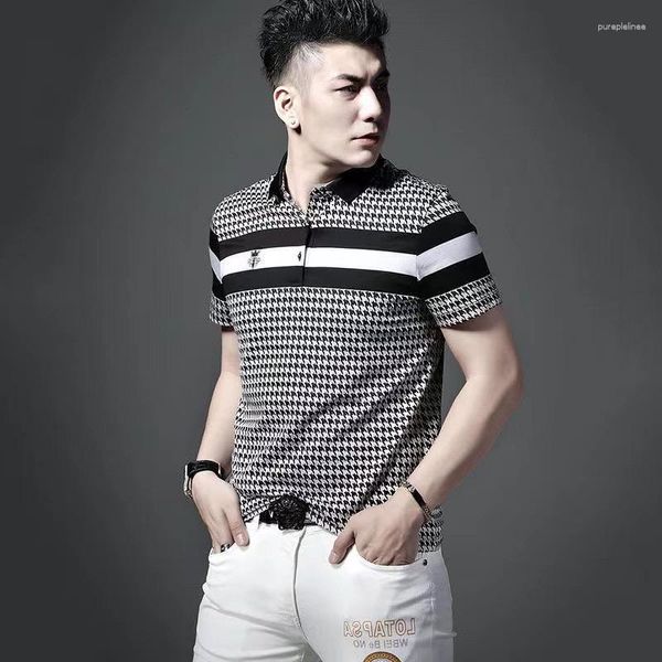 Polos masculinos moda lapela estampada listrada Houndstooth camisas polo roupas verão oversized pulôveres casuais camisetas coreanas