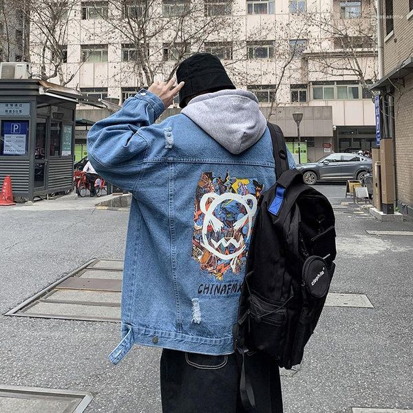 Jaquetas masculinas American Tide Winter Jeans Jacket High Street Retro Graffiti Solto Casual Masculino Oversize Denim Casaco com Capuz