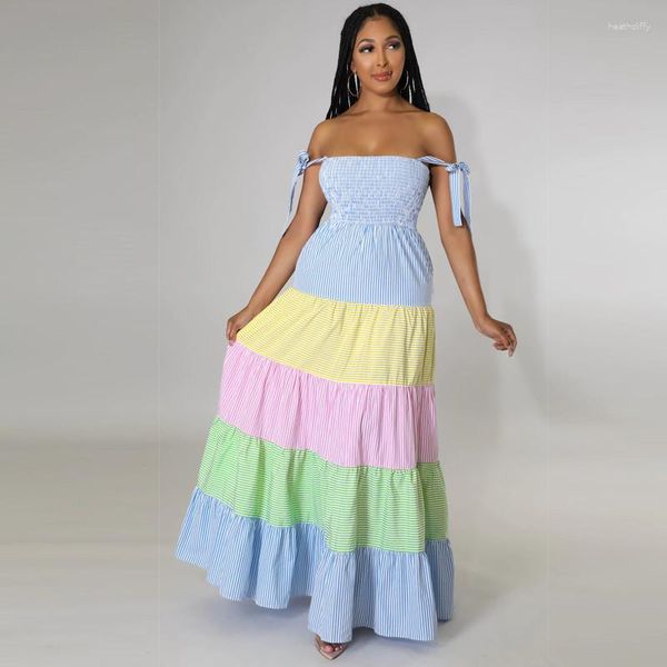 Abiti casual KEXU Multicolor Striped Spagehtti Strap Maxi Long Big Swing Women Dress 2023 Summer Sexy Party Boho Chic Vestidos