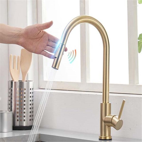 Rubinetti da cucina Rubinetto Smart Touch Oro spazzolato Poll Out Sensore Rotazione a 360° Miscelatore acqua Rubinetti estraibile