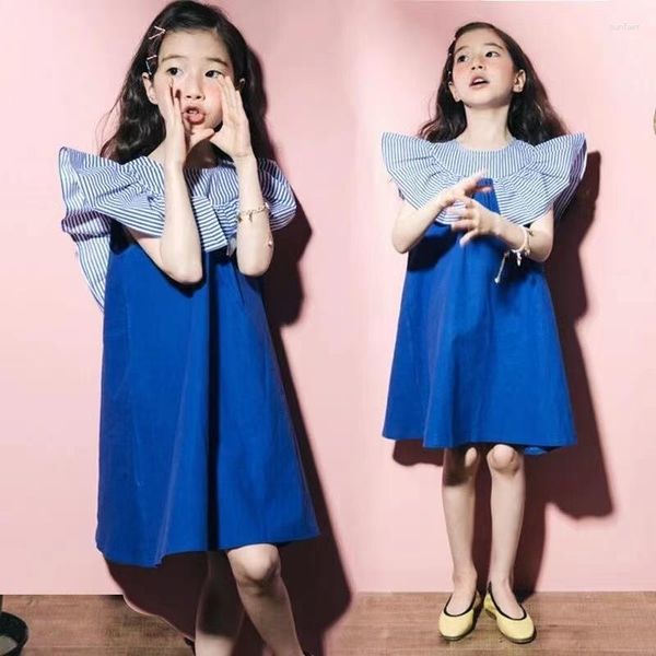 Mädchen Kleider Koreanischen Stil Mädchen Sommer Kleid 4-12 Jahre Kinderkleidung Fliegende Ärmel Gestreiften Patchwork Für