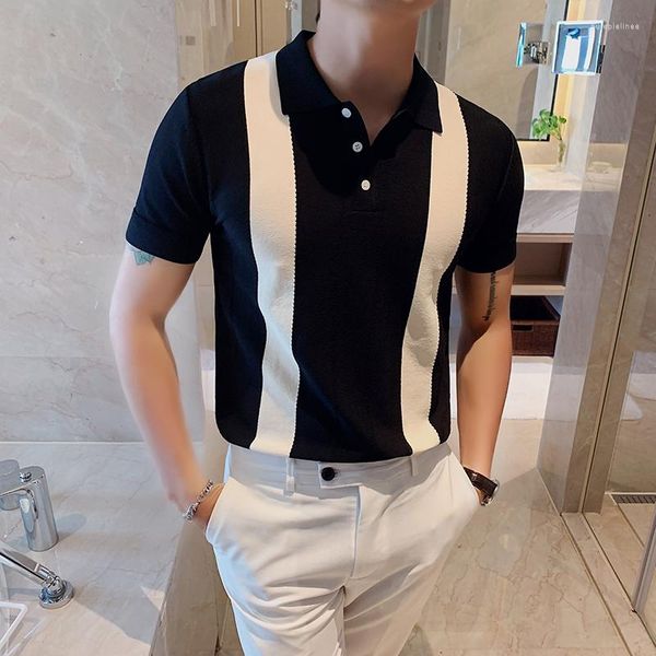 Erkek Polos İngiliz çizgili kontrast polo gömlek erkekler yakışıklı kısa kollu örme tişört ince fit yaka gündelik iş gömleği