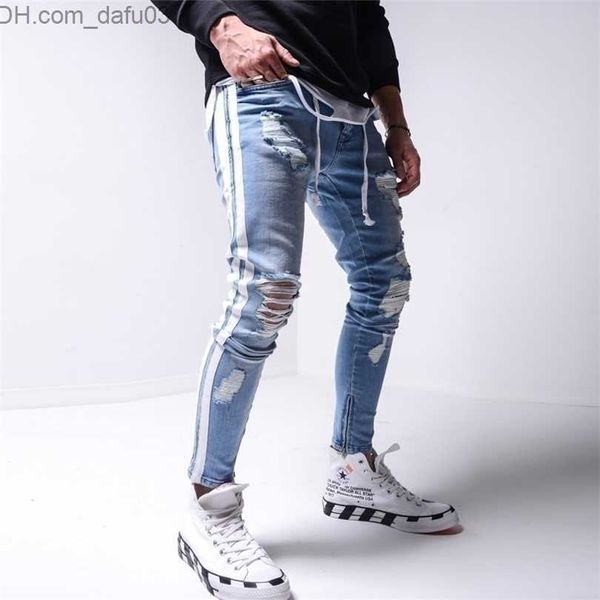 Jeans Masculino Jeans Masculino Jeans Skinny Rasgado Calça Masculina Lápis Biker Lateral Listrado Buraco Destroyed Hip Hop Slim Fit Man Jean Stretchy Estampa 220922 Z230801