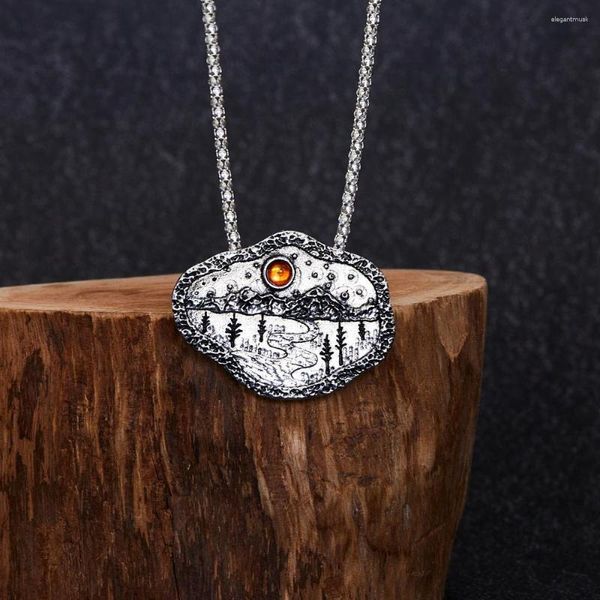 Anhänger Halsketten Kreatives Design Wald Berg Halskette Für Männer Frauen Trend Vintage Silber Farbe Unregelmäßige Persönlichkeit Schmuck