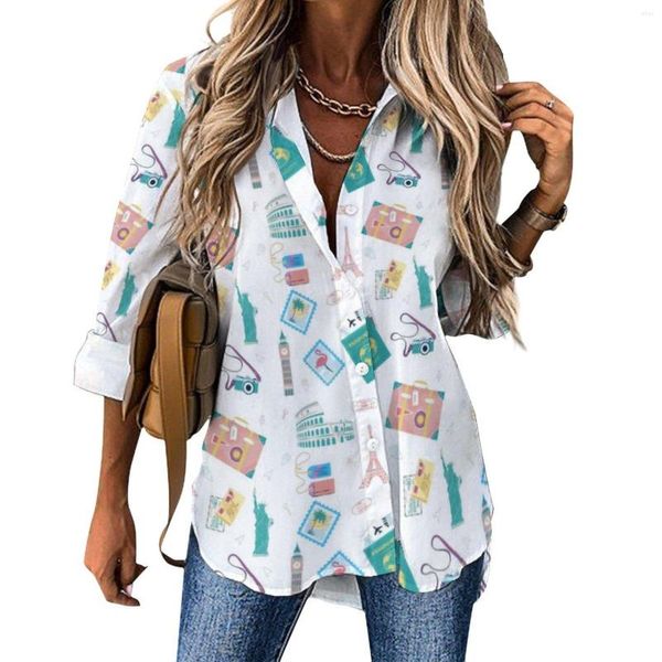 Kadın bluzları seyahat tatil gündelik bluz pasaport tatil bavul estetik tasarım uzun kollu temel gömlek yaz büyük boy üstler