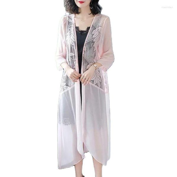 Giacche da donna Moda Abiti lunghi per la protezione solare 2023 Estate Pizzo Ricamo Scialle in chiffon Cappotto Giacca a vento sottile Capispalla Donna