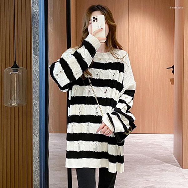 Camisolas Femininas Lady Hollow Hole O Neck Pullover Vintage Black White Women Striped Street Sweater 2023 Mujer Longo Tricot Top