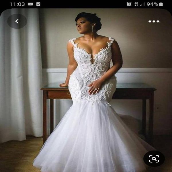 2021 Abiti da sposa a sirena in pizzo moderno con scollo a barchetta Sweep Train Plus Size Garden Country Abiti da festa da sposa per donne arabe Vetid305I