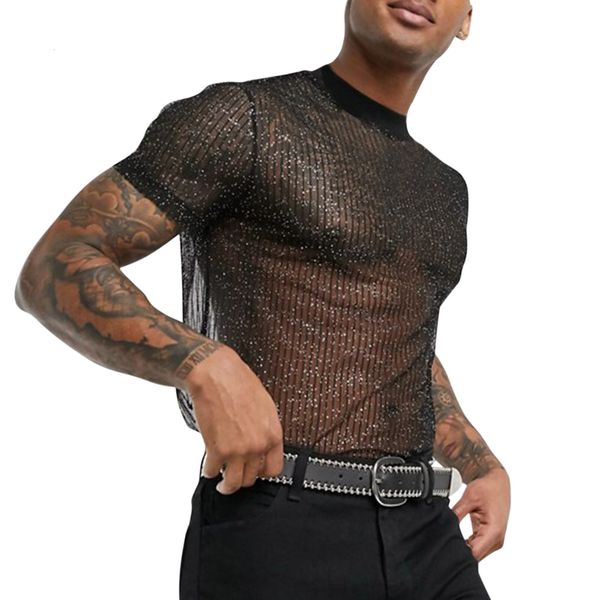 Camisetas Masculinas Sexy Men's Bling T-shirt Top Manga Curta Lantejoulas Transparente Mesh T Shirts Summer Blusa Masculina Tshirts 230731