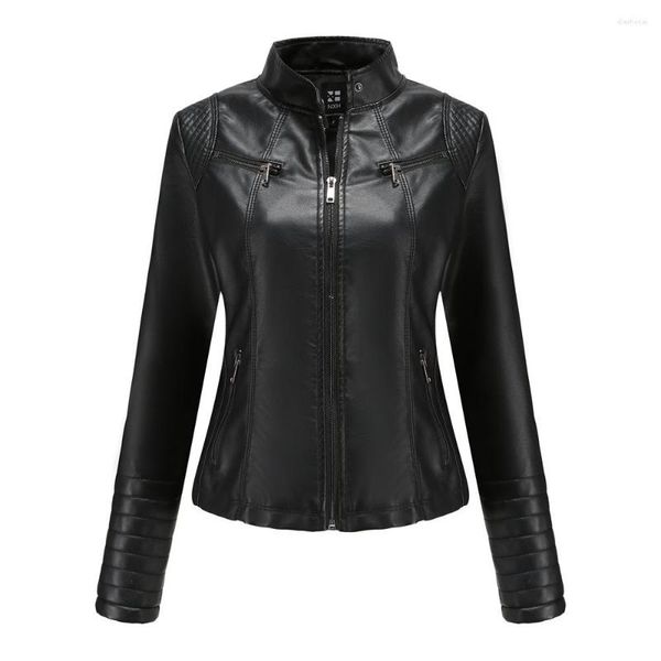 Jaqueta de couro feminina moto biker com zíper outono primavera motocicleta falso 2023 preto vermelho café damasco chaqueta cuero mujer