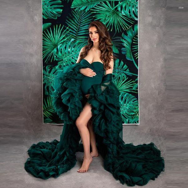 Vestidos Casuais Duas Peças Verde Escuro Babado Maternidade Tule Robes Spandex Body Vestido Interior Lush Rulffles Gravidez Po Shoot