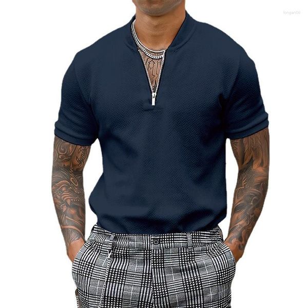 Camisas masculinas de manga curta polo Zipp com decote em V camiseta moda casual sólida justa justa camisetas top 2023 camiseta de verão para roupas masculinas