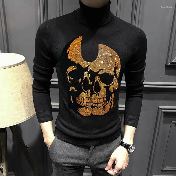 Suéteres masculinos com design de caveira grande, suéter de gola alta para inverno, grosso, fino, tecido de malha, manga comprida, moda casual