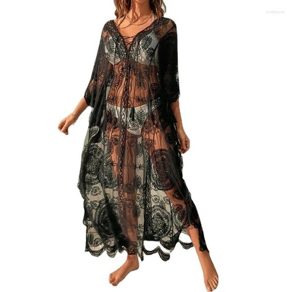 Costumi da bagno da donna 2023 Abito da spiaggia Prospettiva di pizzo Gonna lunga Patchwork Cover Up Scollo a V Abbigliamento sexy per la protezione solare Tinta unita Copricostumi estivi