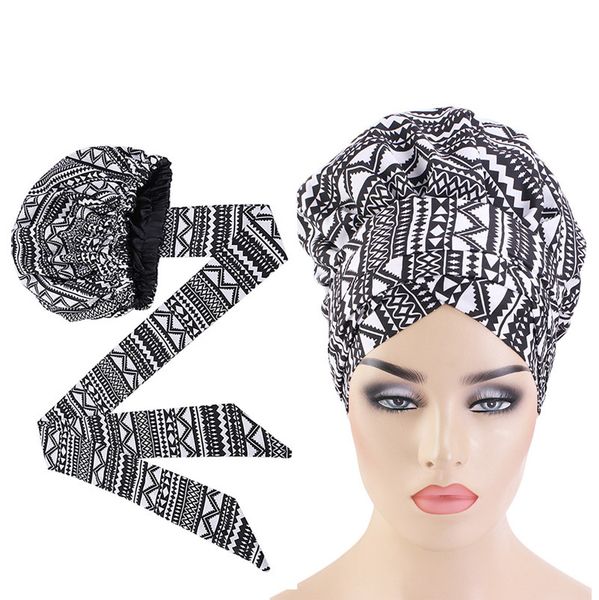 Bandanas Durag African Print Satin Bonnet mit langem Band Wrap Doppelschicht Headwrap Ankara Muster Frauen Haarabdeckung Große Größe Kappe 230801