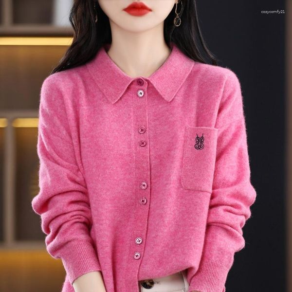 Jaquetas femininas ZXRYXGS bolso bordado suéter casaco feminino jaqueta 2023 primavera solto cor sólida gola lapela tricô cardigã