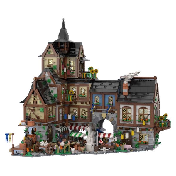 Blocos autorizados MOC 134085 centro da cidade medieval MOC modelo vila castelo conjunto de brinquedos 4745PCS 230731
