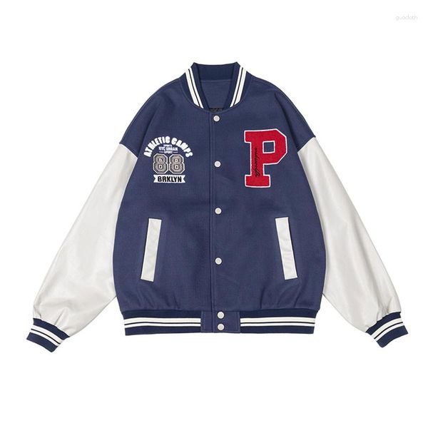 Jaquetas masculinas Uniforme de beisebol Jaqueta de couro bordada letra P tecida pequena estilo campus fresco Item de rua primavera e outono