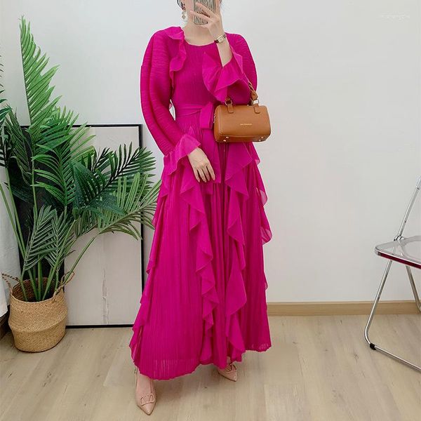 Casual Kleider Gespleißt Rüschen Rand Kleid Frauen Volle Flare Hülse Gürtel A-linie Lange Lose Revers 2023 Herbst Abend Party robe