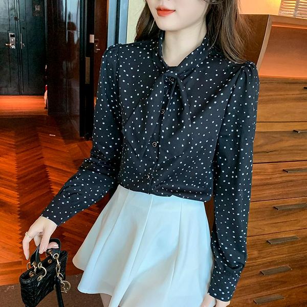 Blusas Femininas Vestuário Feminino Polka Dot Chiffon Camisa Feminina 2023 Outono Solto Estrangeiro Decote em V Gravata Arco Top Elegante E Jovem Mulher