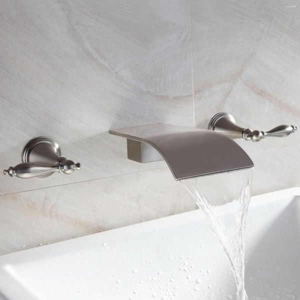 Banyo lavabo muslukları ücretsiz gemi duvarı monte şelale lav lavabo musluk fırçalanmış nikel musluk
