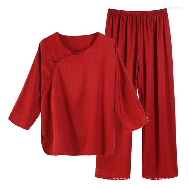 Женская одежда для сна QSROCIO модный китайский стиль стиль ретро -елочный рисунок атласная пижама набор весна осенний шелк, как повседневная домашняя одежда