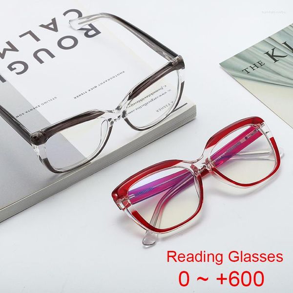 Солнцезащитные очки модные квадратные гипериопия бокалы для чтения женщин чистые линзы против синего света очки далеко от силы 1,5 2 3