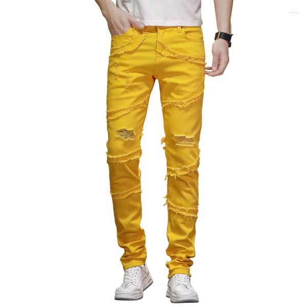 Jeans Masculino Rasgado Hip Hop Amarelo Stretch Patchwork Slim Fit Desgastado Streetwear Calças Jeans Desfiadas Calças Moda