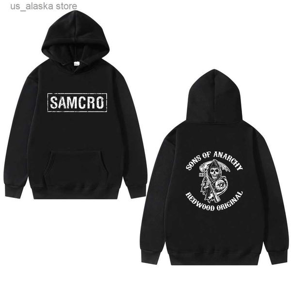 Moletons masculinos com capuz Sons of Anarchy SAMCRO estampa dupla face streetwear masculino feminino Harajuku moletom com capuz masculino oversized T230803