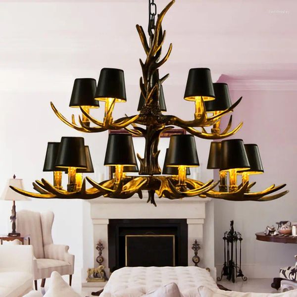 Lustres lustre de resina de chifre com abajur estilo retro luz para sala de jantar de vida varrer tinta spray dourada lâmpada de decoração de casa interior