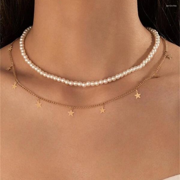 Colares com Pingente Vintage Barroco Faux Pearl Punk Cadeia Pentagrama Conjunto de Lantejoulas Colar para Mulheres Moda Feminina Boho Cor Dourada Jóias