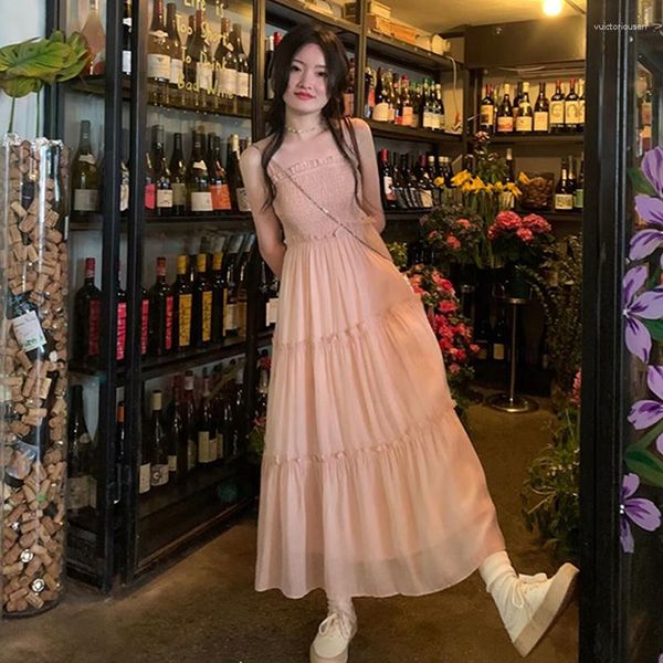 Vestidos casuais verão vestido bege para mulheres 2023 fino pérola estilingue longo férias japonês feminino elegante chique baile coreano senhora