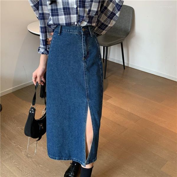 Gonne Denim lunghe per donna Blu Vita alta Moda femminile 2023 Gonna dritta Streetwear Vintage Split