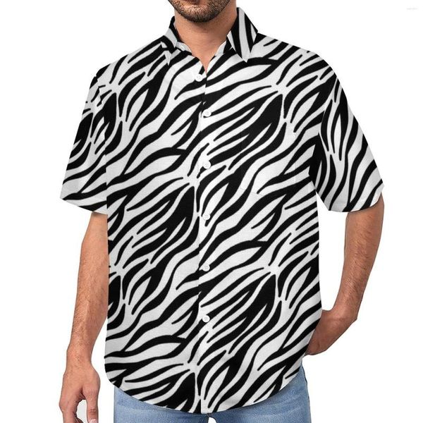 Camisas casuais masculinas preto e branco camisa zebra listras impressão férias folgadas blusas moda havaiana manga curta roupas grandes