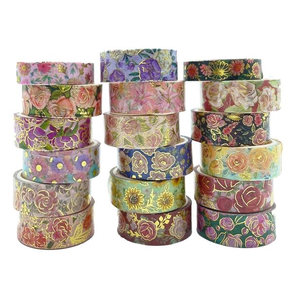 Fitas adesivas 18 Rolos Flor Washi Tape 2016 Conjunto Folha de Ouro Fita Adesiva Fita Adesiva Decorativa Kawaii para Scrapbooking Journal Artigos de Papelaria 230731