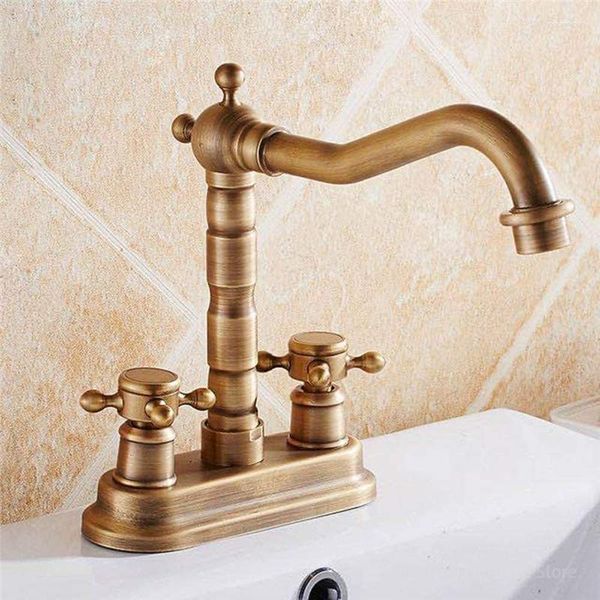 Badezimmer-Waschtischarmaturen, europäischer Messing-Vintage-Wasserhahn, Doppelgriff, 360° drehbar, 3-Loch-Waschbecken-Set, Waschtischzubehör