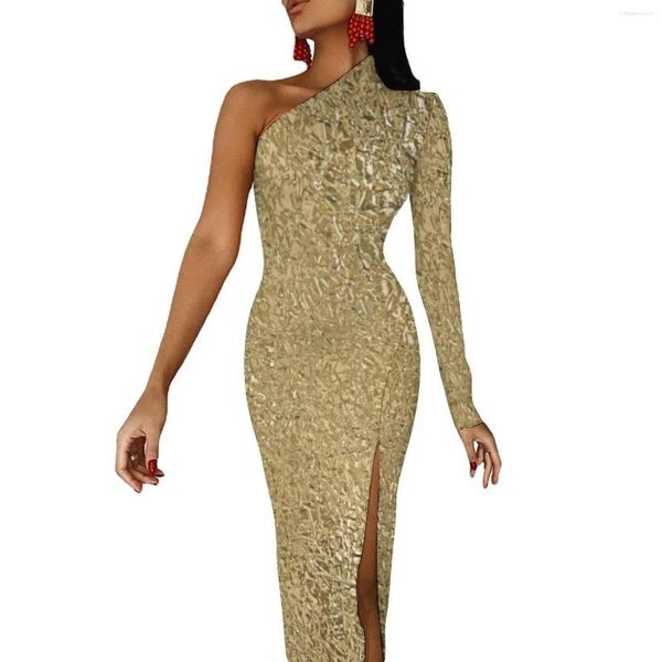 Повседневные платья Золото -искусственное металлическое принт длинное платье Женщина Золотое блеск уличное стиль Maxi Spring Retro Bodycon High Slit vestido