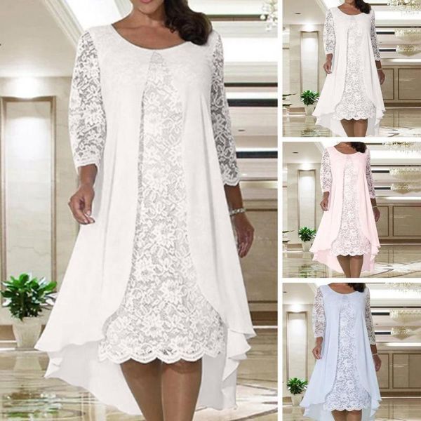 Abiti casual Autunno Primavera Abito midi Elegante pizzo ricamato A-line per donne taglie forti Doppi strati Maniche a tre quarti Slim