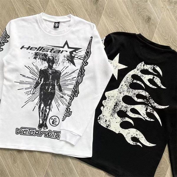 Camisetas masculinas Y2k Classic Black White Hellstar T-shirt American Trend Flame Big Logo Print Camisa de manga comprida Autumn Loose Men Women Top Tee